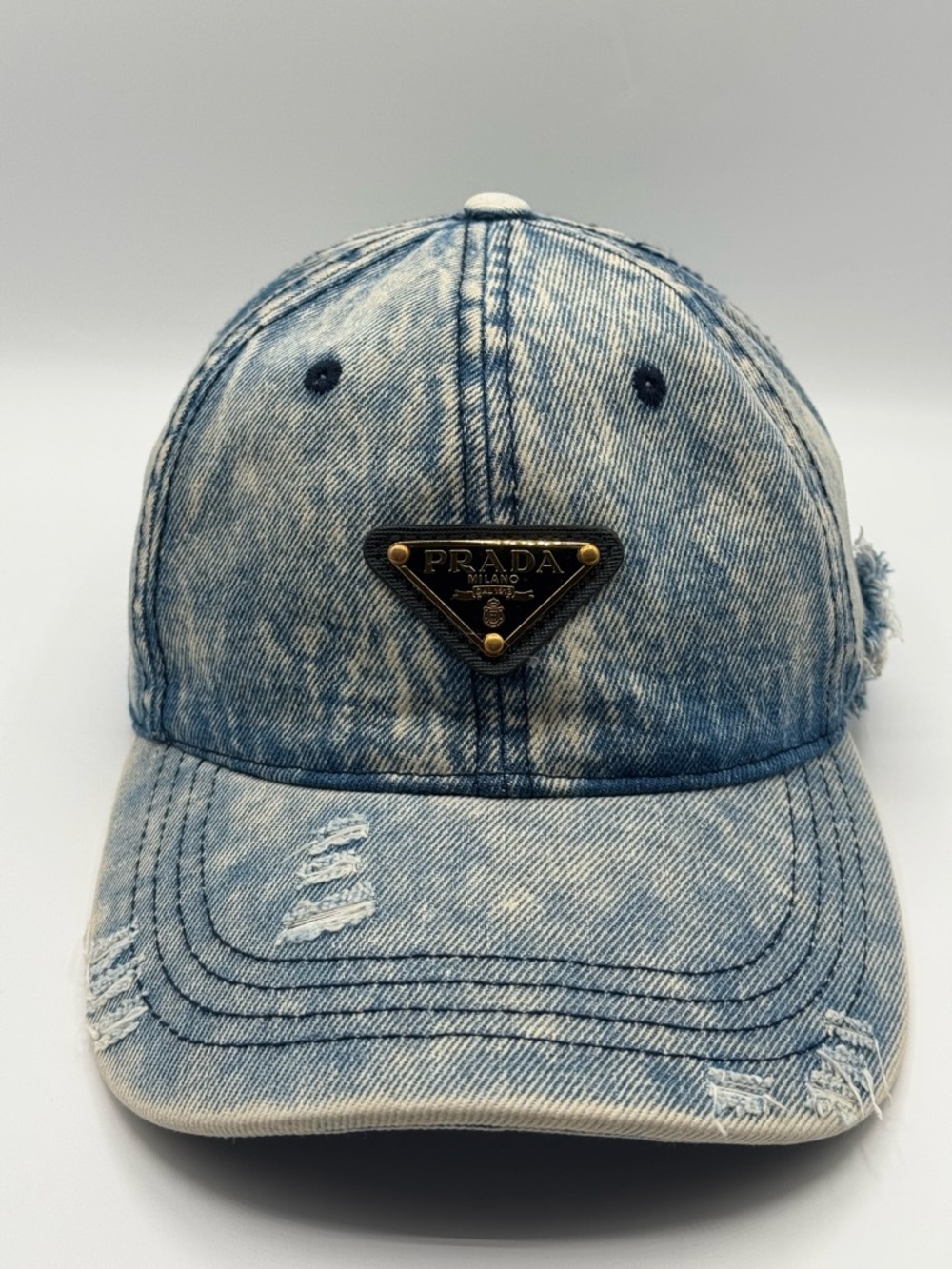 Distressed Denim Prada Baseball Cap